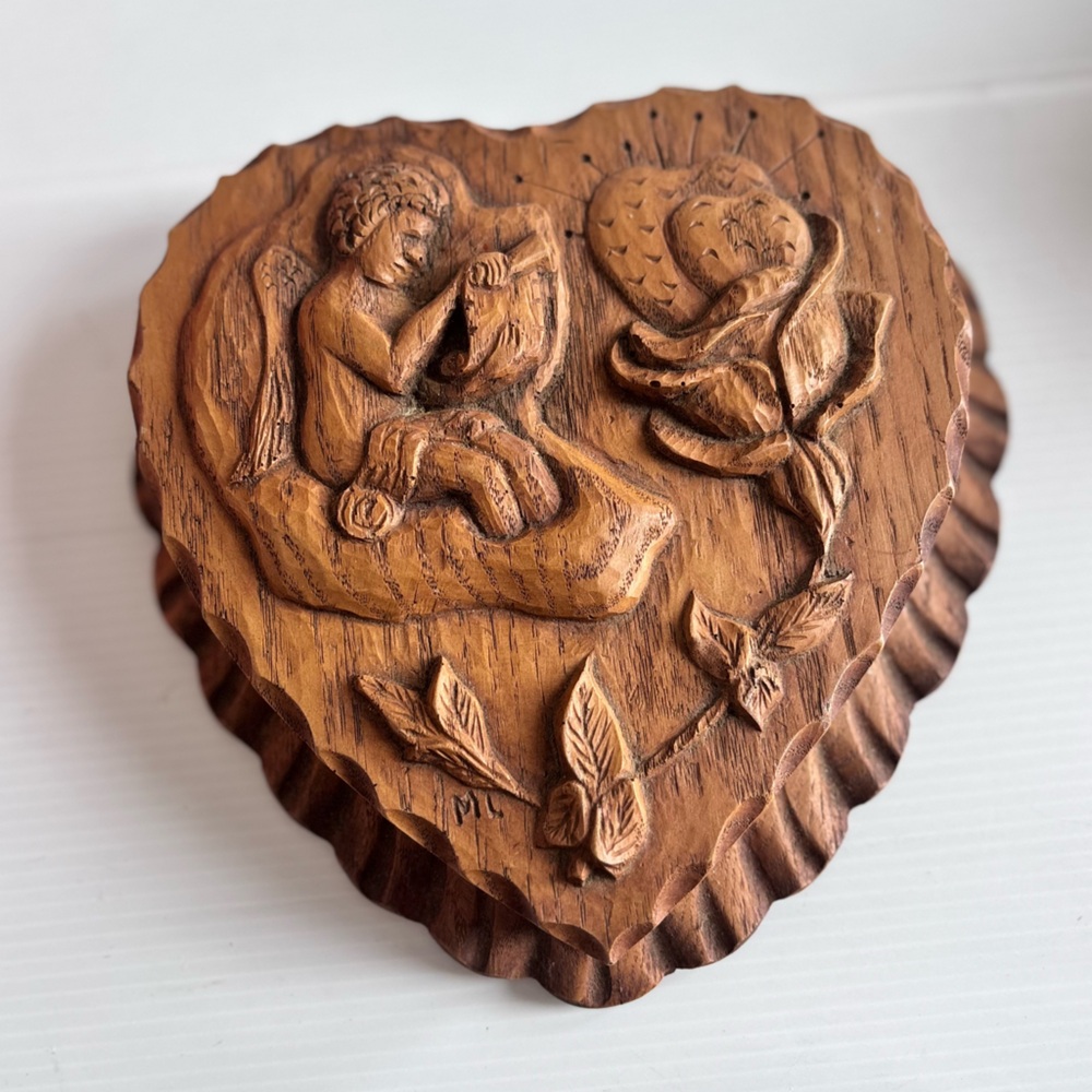 Vintage Hand Carved Wooden Heart Box Cherub Design